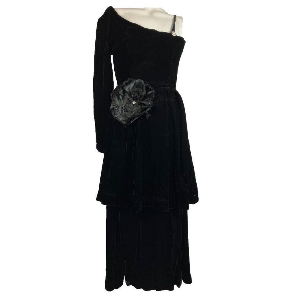 SEXY 40s 50s Strapy Shoulder + Full Sleeve Velvet Cocktail Dress Gown One Peplum